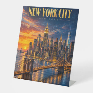 New York City Golden Skyline Sunset Travel Poster Pedestal Sign
