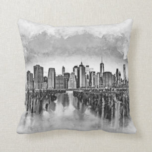 New York City Manhattan Skyline- black and white Cushion