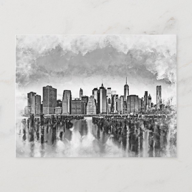New York City Manhattan Skyline- black and white Holiday Postcard (Front)