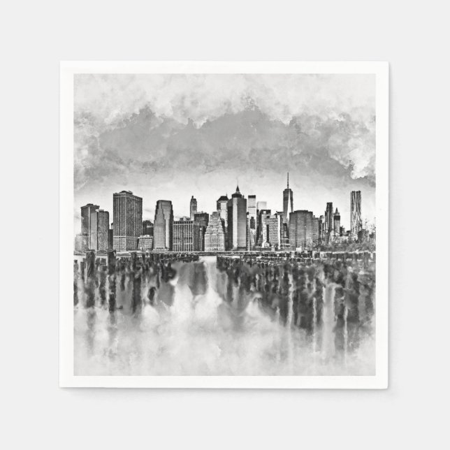 New York City Manhattan Skyline- black and white Napkin (Front)