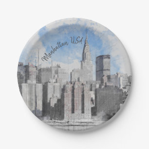  New York City Manhattan Skyline – Modern  Paper Plate