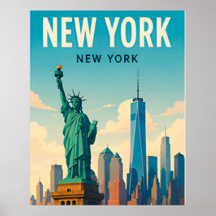New York City Manhattan Skyline Travel Scene Poster
