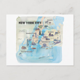 New York City Manhattan Vintage Travelposter Map Postcard