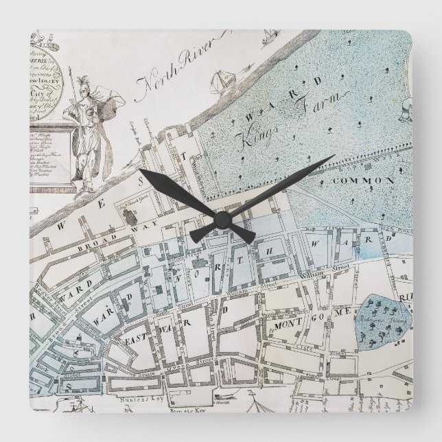 New York City Map, 1728 Square Wall Clock (Front)