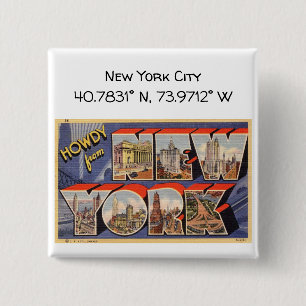 New York City Map Coordinates Vintage Style 15 Cm Square Badge