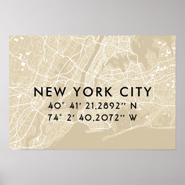 New York City Map Custom Coordinates | Beige Poster (Front)
