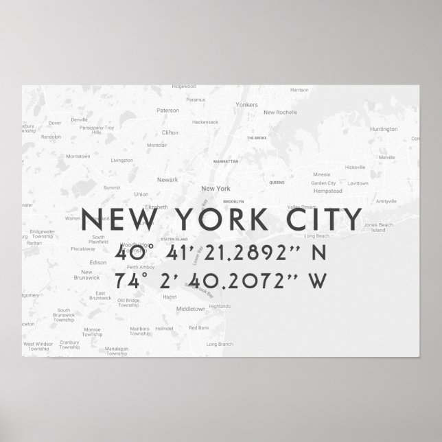 New York City Map Custom Coordinates | Light Gray Poster (Front)
