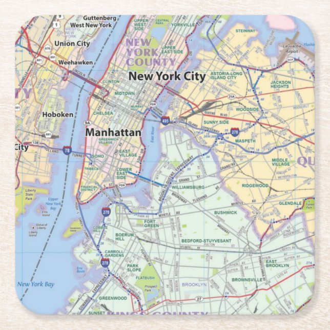 New York City Metro Area Wall Map Square Paper Coaster (Front)
