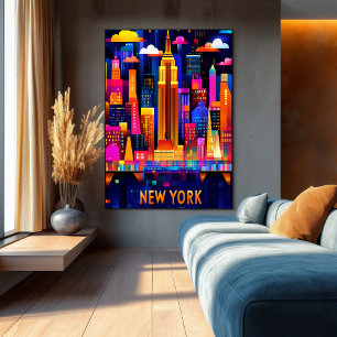 New York City Neon Glow – Geometric Skyline Art Poster