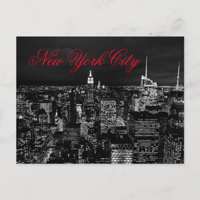 New York City Night Black & White Red Script Postcard (Front)