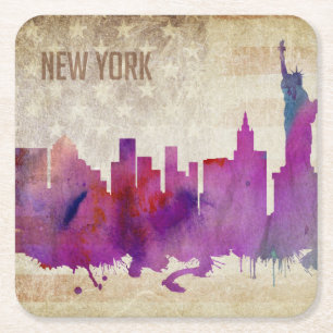 New York City, NY   Watercolor City Skyline Square Paper Coaster