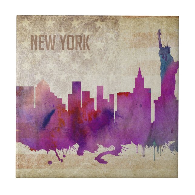 New York City, NY | Watercolor City Skyline Tile (Front)