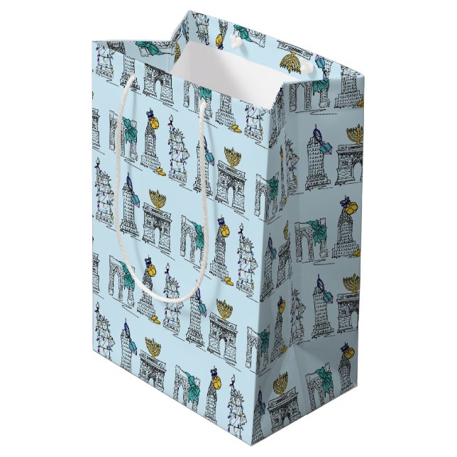 New York City NYC Hanukkah Landmarks Architecture Medium Gift Bag (Back Angled)
