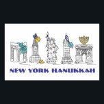New York City NYC Happy Hanukkah Chanukah Holiday Rectangular Sticker<br><div class="desc">Features an original pen-and-ink illustration of various New York City landmarks "dressed up" for the holiday season. Perfect for Hanukkah!

This Chanukah illustration is also available on other products. Don't see what you're looking for? Need help with customisation? Contact Rebecca to have something designed just for you.</div>
