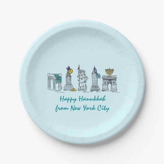 New York City NYC Happy Hanukkah Jewish Holiday Paper Plate (Front)