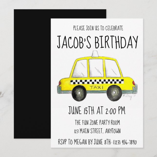 New York City NYC Yellow Chequered Taxi Cab Car Invitation (Front/Back)