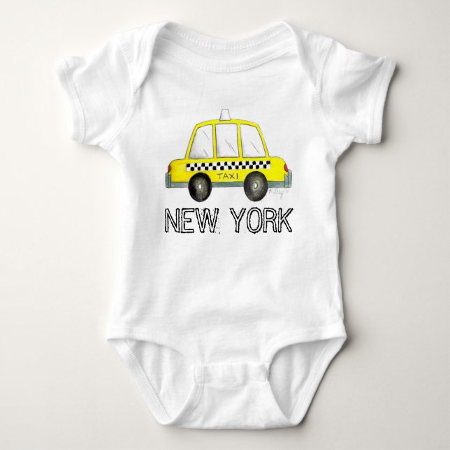 New York City NYC Yellow Taxi Chequered Cab Car Baby Bodysuit (Front)