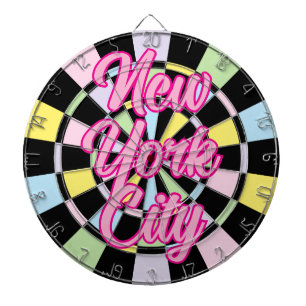 New York City Pink text on Black And Pastel Colour Dartboard