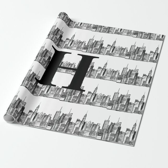 New York City Simple Elegant Black White Monogram Wrapping Paper (Unrolled)