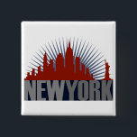 New York City Skyline 15 Cm Square Badge<br><div class="desc">The New York City Skyline design features a graphic representation of the Manhattan skyline and the Statue of Liberty in a bold red colour. Below the skyline and Lady Liberty, the words New York are in a bold font in two shades of grey, on a dark blue background. Behind the...</div>