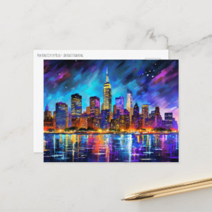 New York City Skyline at Night Abstract Painting Postcard