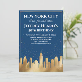 New York City Skyline Birthday Party Blue & Gold Invitation