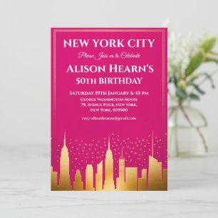 New York City Skyline Birthday Party Pink & Gold  Invitation