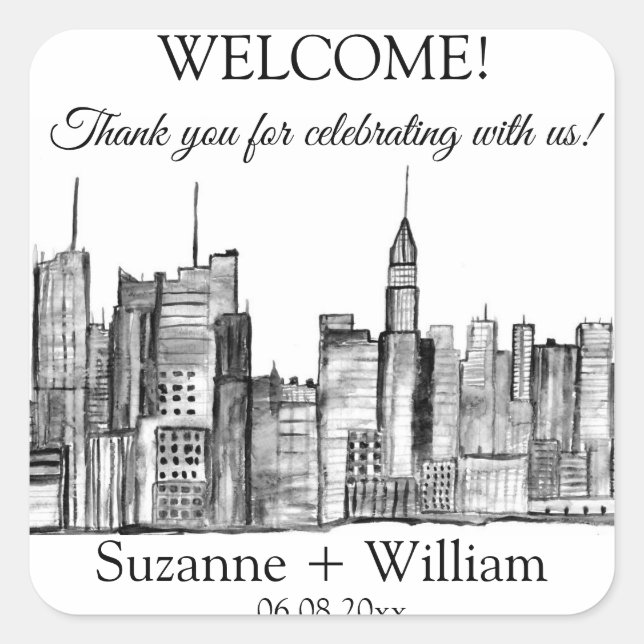 NEW YORK CITY skyline Black White Favours Weddings Square Sticker (Front)