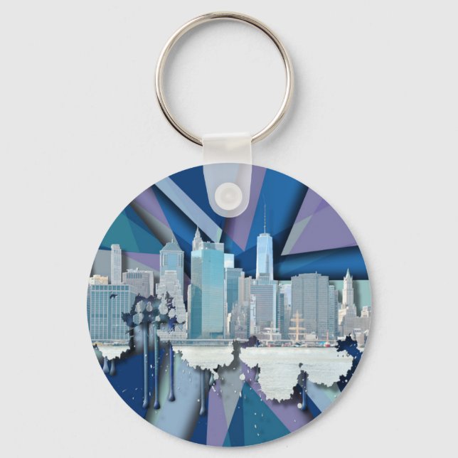 New York City Skyline | Blue 3D Key Ring (Front)