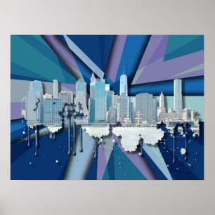 New York City Skyline Blue 3D Poster