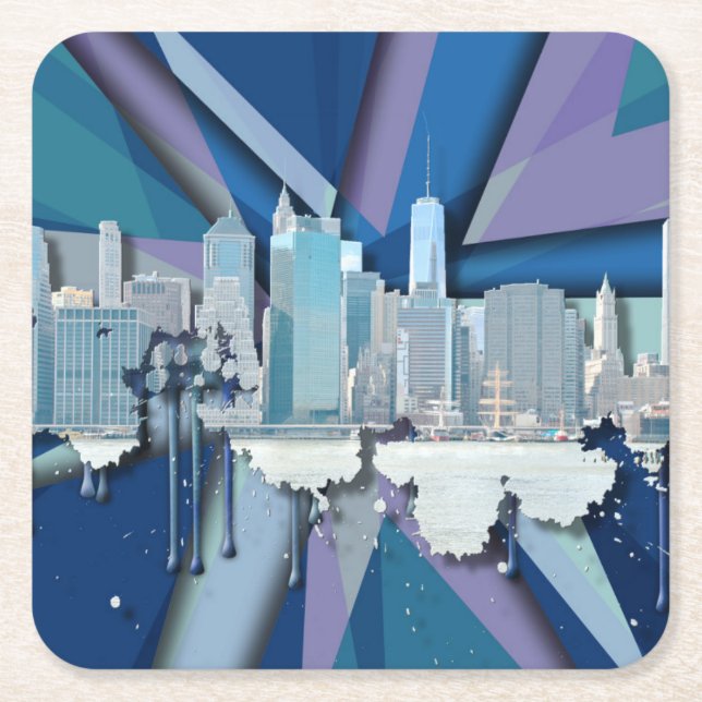 New York City Skyline | Blue 3D Square Paper Coaster (Front)