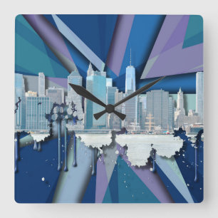 New York City Skyline   Blue 3D Square Wall Clock