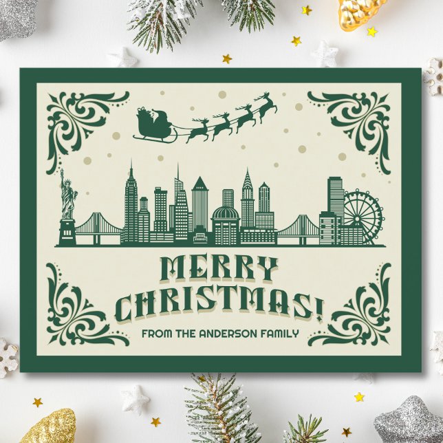 New York City Skyline Christmas Holiday Postcard (New York, NY NYC skyline christmas card green modern merry christmas postcard with custom details)