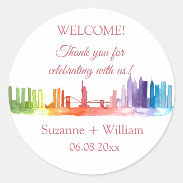 NEW YORK CITY skyline Colourful Wedding NYC Classic Round Sticker (Front)
