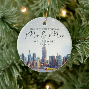 New York City Skyline First Christmas As Mr & Mrs Ceramic Ornament