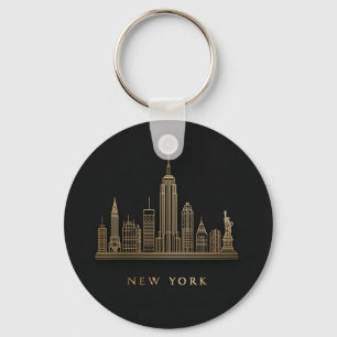 New York City Skyline Gold Line Art Key Ring