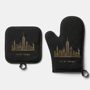 New York City Skyline Gold Line Art Oven Mitt & Pot Holder Set