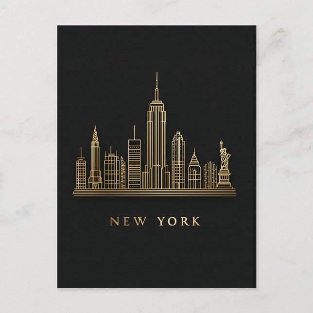 New York City Skyline Gold Line Art Postcard (Front)
