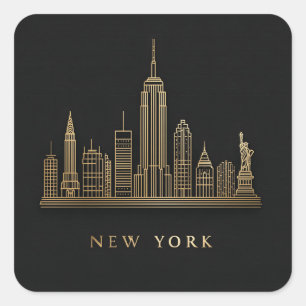 New York City Skyline Gold Line Art Square Sticker