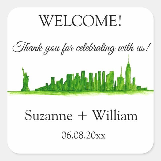 NEW YORK CITY skyline Green Favours Weddings Square Sticker (Front)