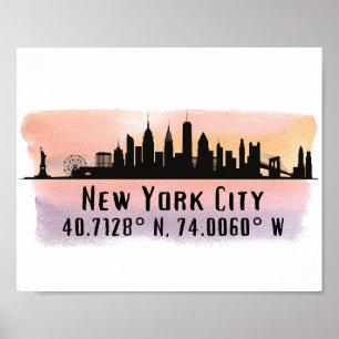 New York City Skyline Latitude and Longitude Poster