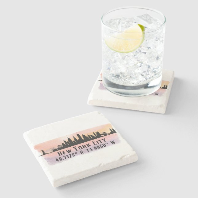 New York City Skyline Latitude and Longitude  Stone Coaster (Side)