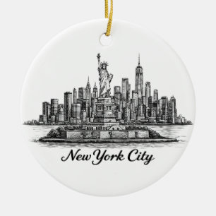 New York City Skyline Line Art Illustration Ceramic Ornament