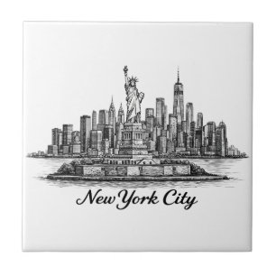 New York City Skyline Line Art Illustration Ceramic Tile