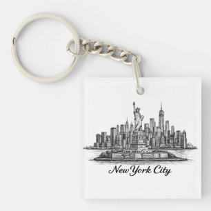 New York City Skyline Line Art Illustration Key Ring