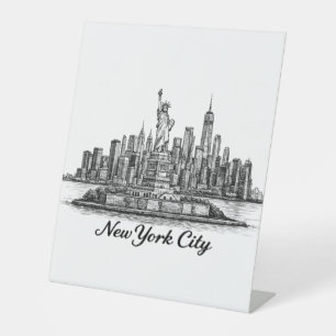 New York City Skyline Line Art Illustration Pedestal Sign
