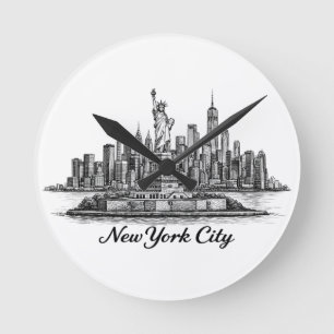 New York City Skyline Line Art Illustration Round Clock