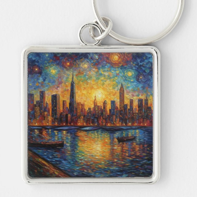 New York City Skyline van Gogh style Key Ring (Front)
