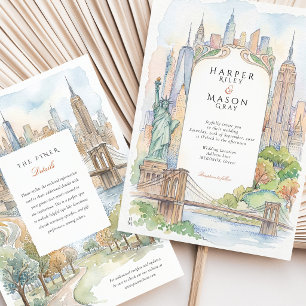 New York City Skyline Watercolor Brooklyn Bridge Invitation