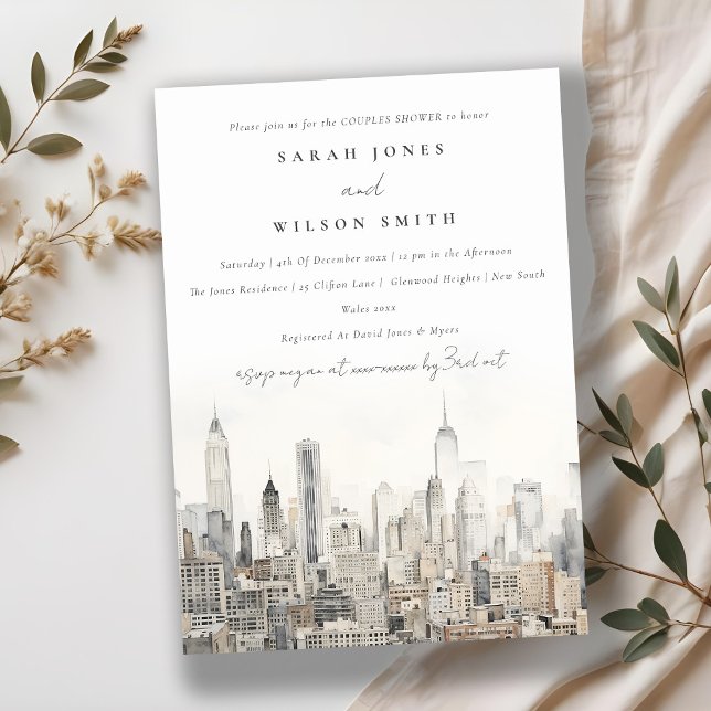 New York City Skyline Watercolor Couples Shower Invitation (Creator Uploaded)